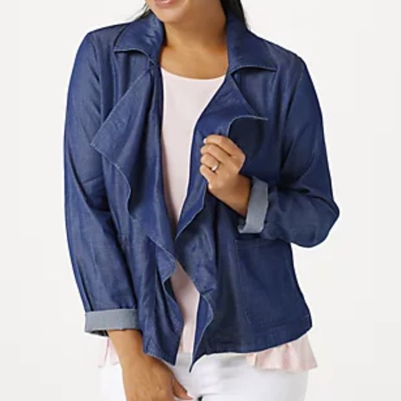 Denim & Co Open Drape Patch Pocket Indigo Jacket - Picture 1 of 2